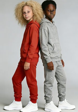 Two kids wearing matching kid tracksuit sets (red and heather gray) – 100% cotton hoodie and jogger two-piece outfit for children, cozy and soft for daily play